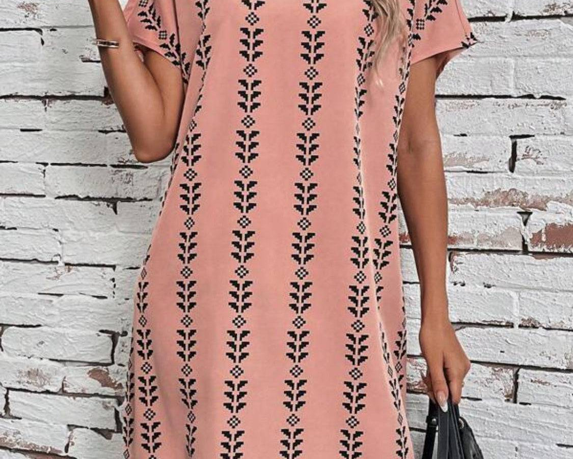 NYLD Wheat Motif Printed Round Neck Short Sleeve Dress - NEWYORKLISTED