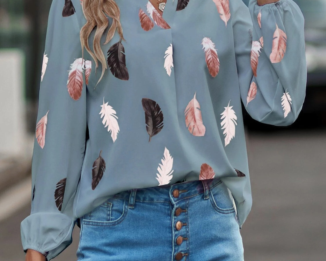 NEWYORKLISTED STYLE COLLECTION: Feather Print Balloon Sleeve Top - NEWYORKLISTED
