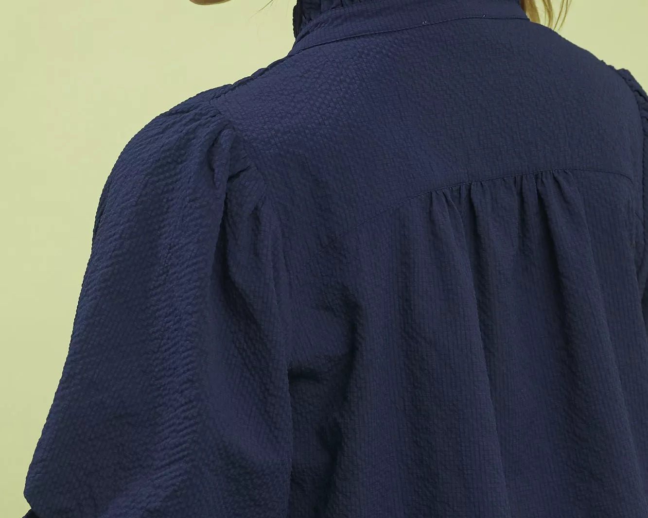 NEWYORKLISTED STYLE COLLECTION: Woman wearing a navy blue blouse against a light green background