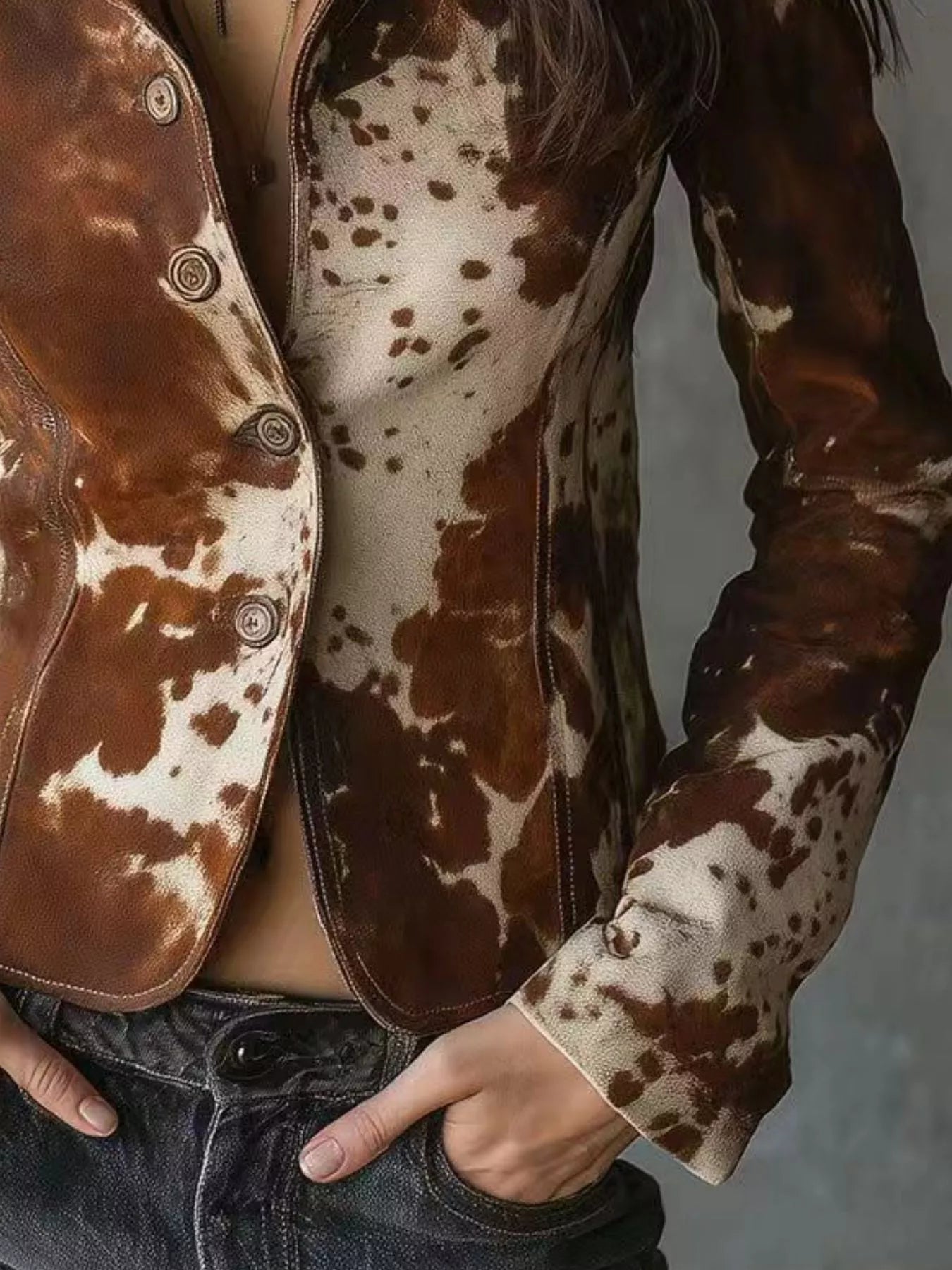 NEWYORKLISTED STYLE COLLECTION: Person wearing a brown and white cowhide leather jacket with a gray background