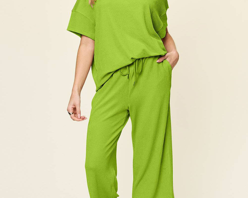 NEWYORKLISTED Bright Lime Green Two Piece Matching set Short Sleeve Shirt and Wide Leg Pants