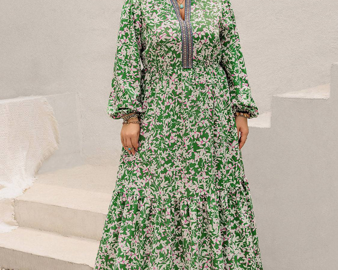 Plus Size Printed Notched Long Sleeve Maxi Dress - NEWYORKLISTED