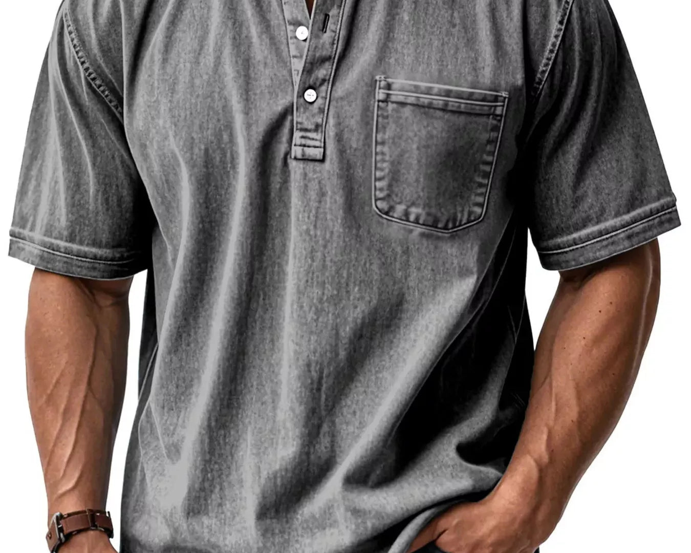 NEWYORKLISTED ATLAS MEN'S COLLECTION: Man wearing a gray short-sleeve shirt with a pocket on a white background