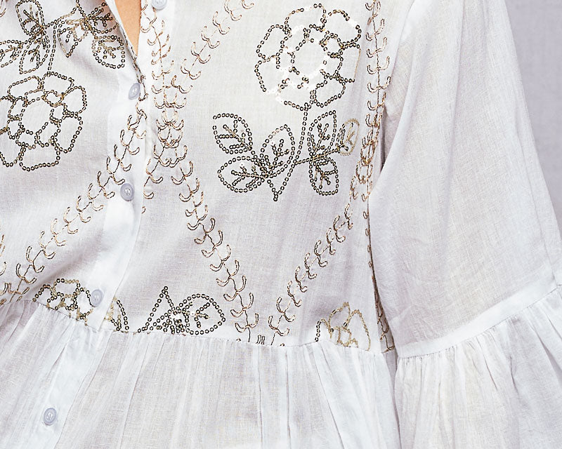 NEWYORKLISTED STYLE COLLECTION: White embroidered dress with floral patterns on a plain background