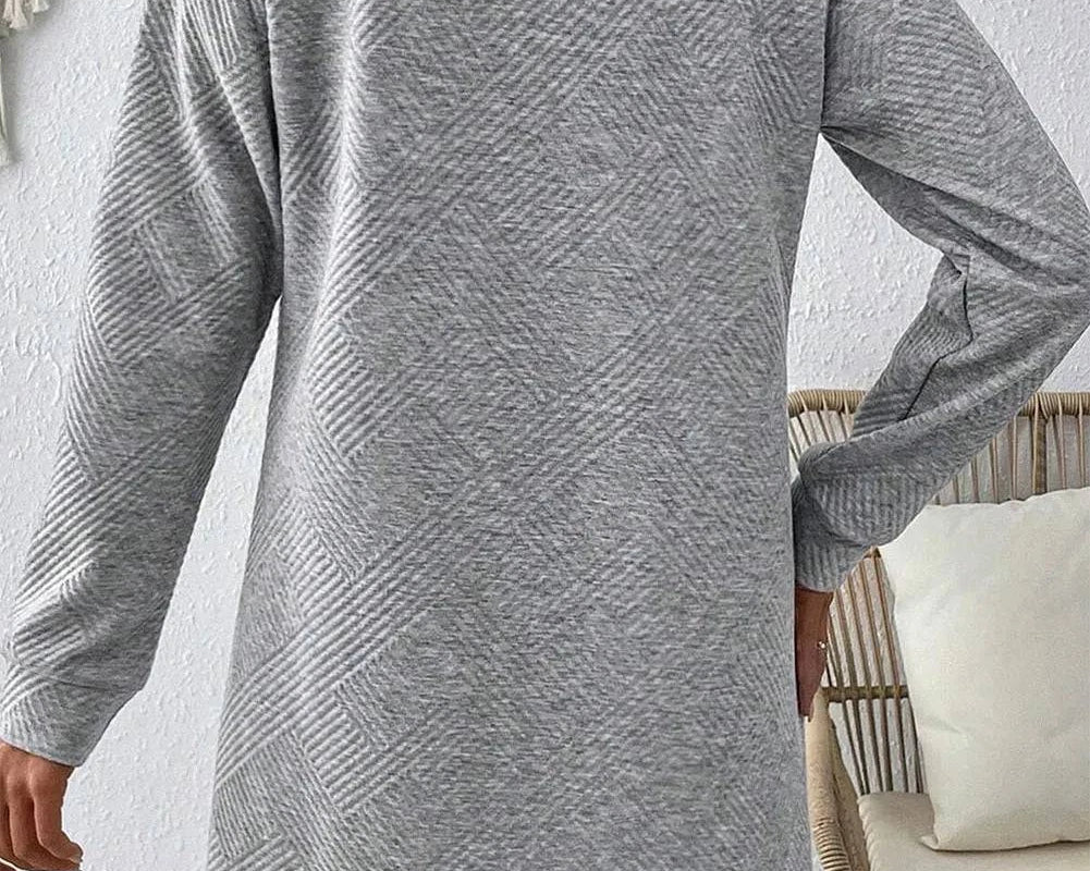 Textured Round Neck Long Sleeve Mini Dress - NEWYORKLISTED