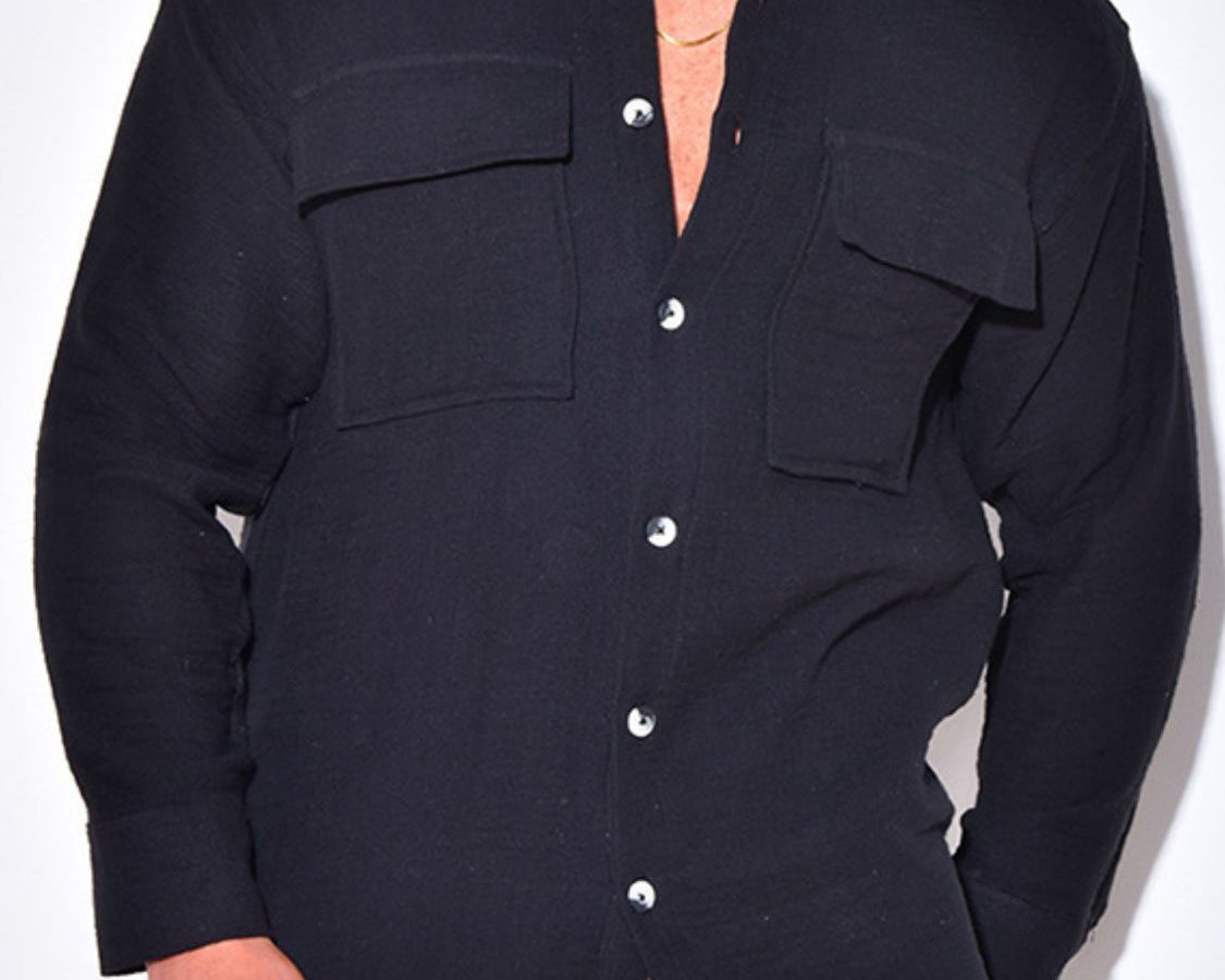 NEWYORKLISTED ATLAS MEN'S COLLECTION: Full Size Collared Neck Long Sleeve Shirt  Black