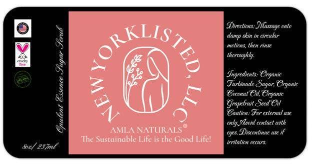 AMLA NATURALS 8oz Jar of Opulent Essence Sugar Scrub Label
