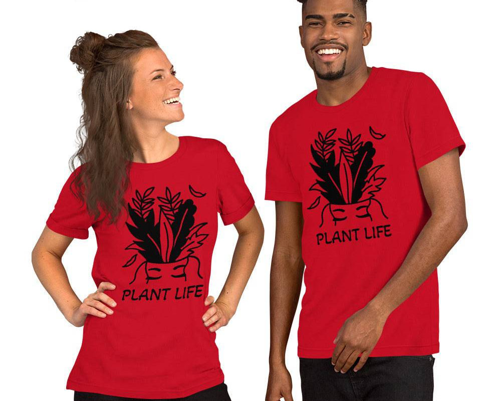 NEWYORKLISTED PLANT LIFE T-Shirt in Red worn by a man and woman