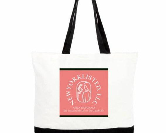 NEWYORKLISTED Cotton Tote Bag with AMLA NATURALS Salmon Colored Logo, Black and White