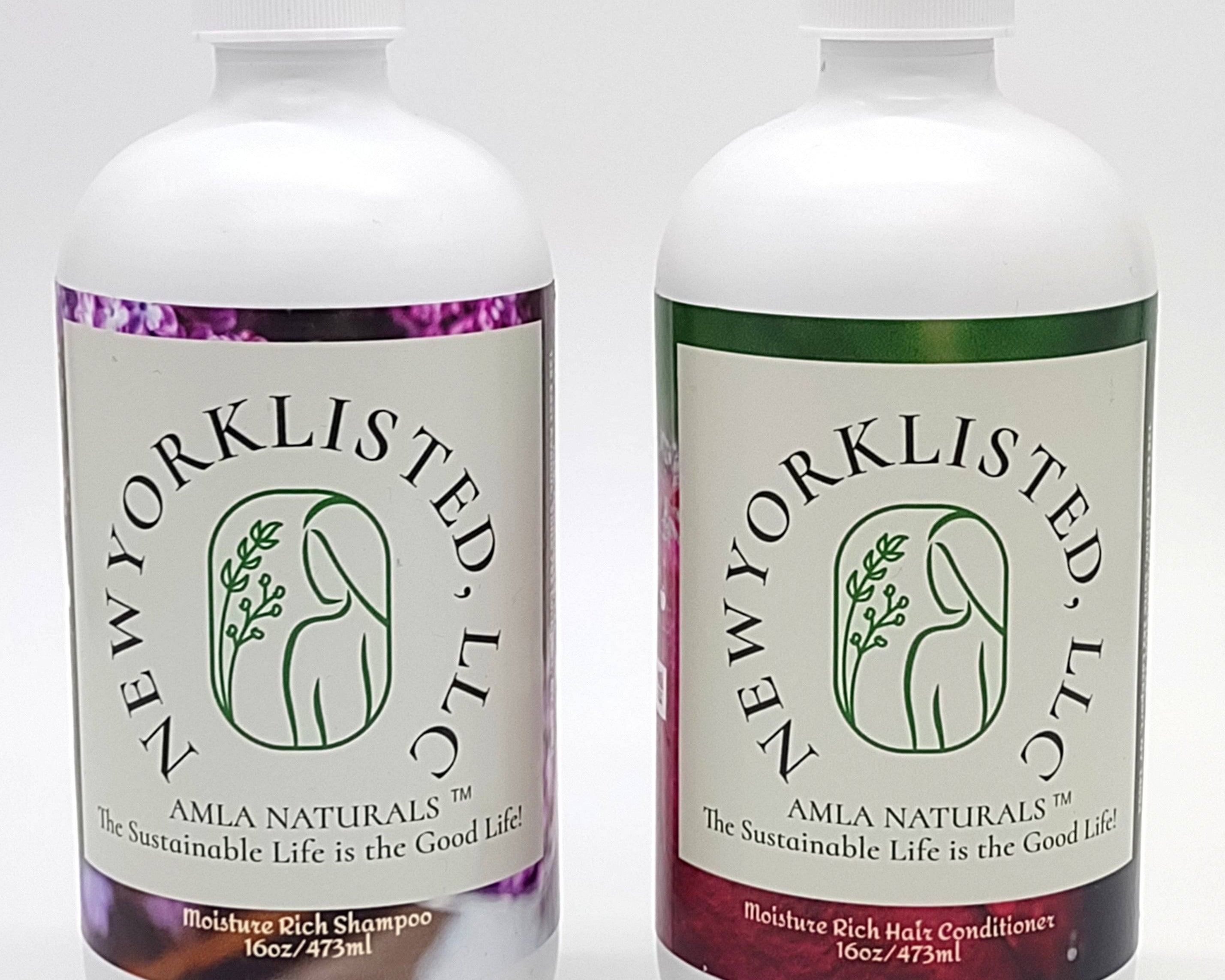 Two 16 oz bottles of AMLA NATURALS Moisture Rich Shampoo and Conditioner