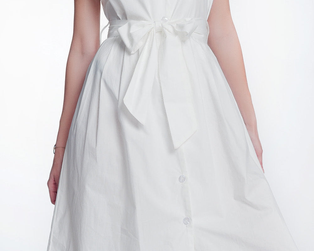 White Poplin Shirt Dress With Belt and Short Sleeve - NEWYORKLISTED