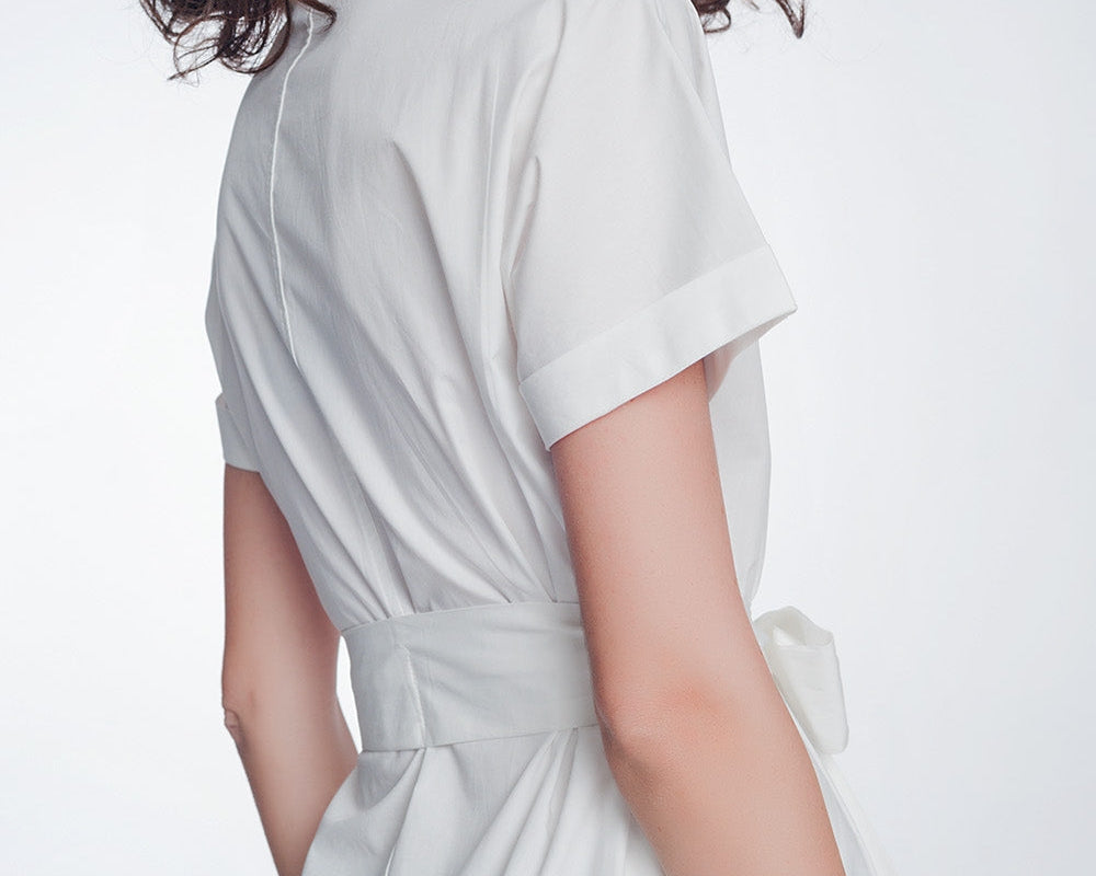 White Poplin Shirt Dress With Belt and Short Sleeve - NEWYORKLISTED