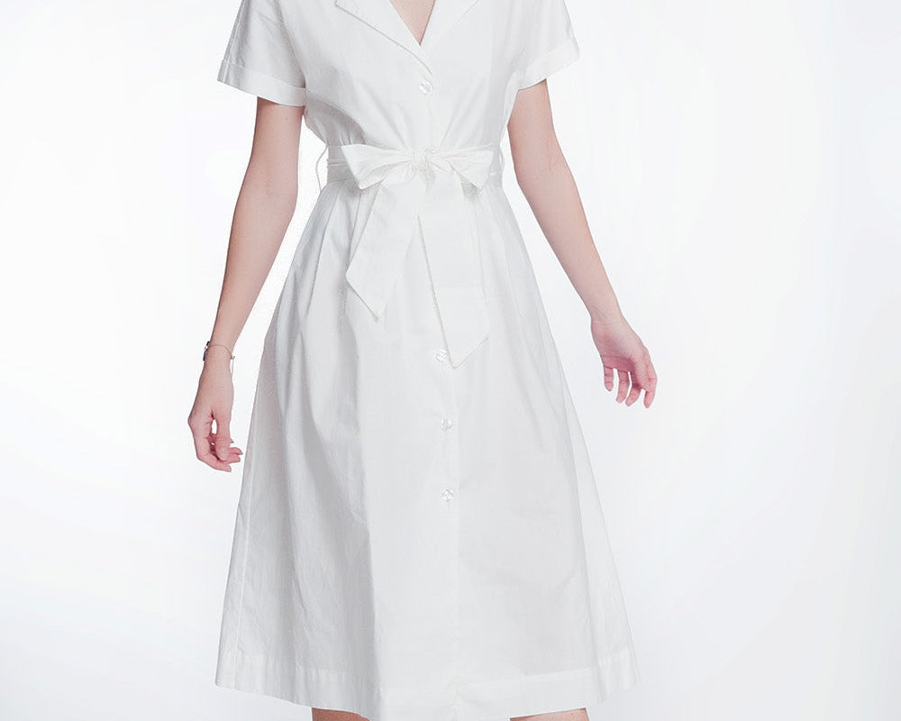 White Poplin Shirt Dress With Belt and Short Sleeve - NEWYORKLISTED