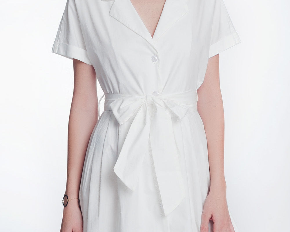 White Poplin Shirt Dress With Belt and Short Sleeve - NEWYORKLISTED