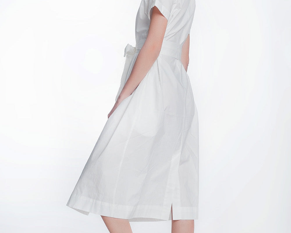 White Poplin Shirt Dress With Belt and Short Sleeve - NEWYORKLISTED