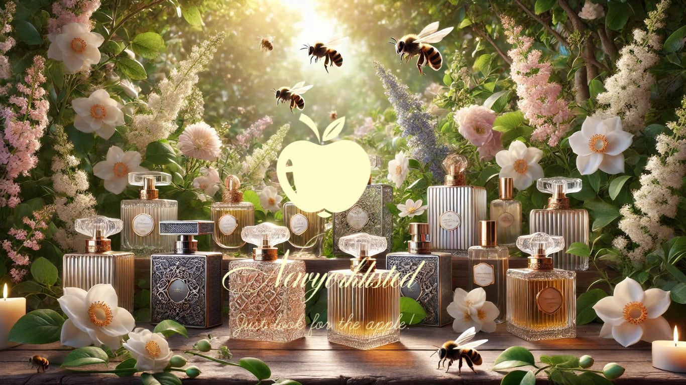 NEWYORKLISTED FRAGRANCE COLLECTION: Showing bottles of ornate perfumes with the NEWYORKLISTED logo surrounded by honeybees and flowers