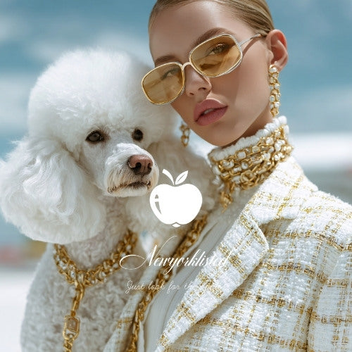 NYLD GLAM Collection by NEWYORKLISTED, showing image of model with her dog wearing pearl and gold necklaces earrings