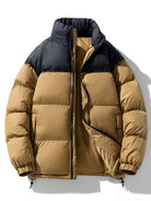NEWYORKLISTED ATLAS MEN’S COLLECTION: Two-tone puffer jacket with black collar and beige body on a white background