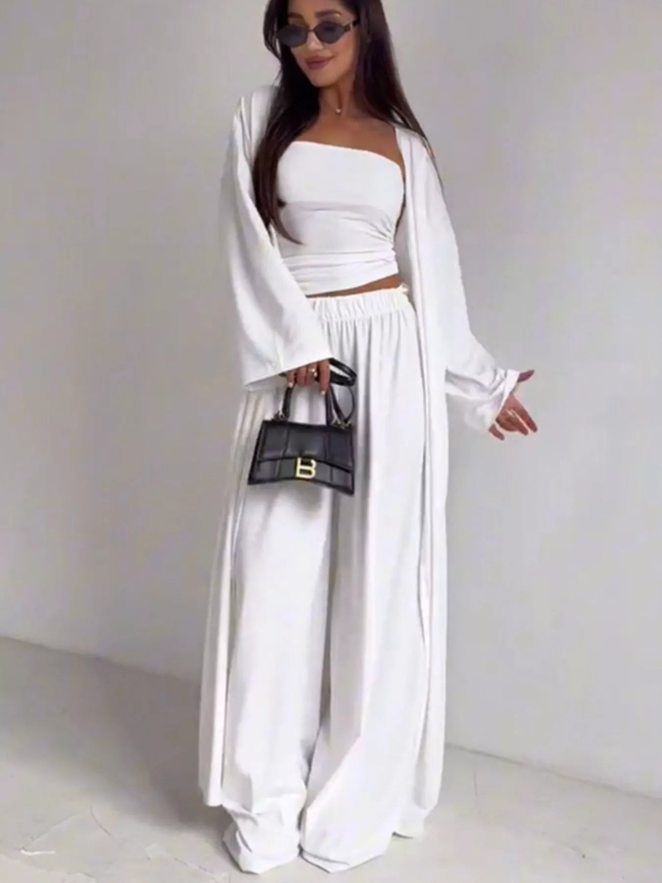 NEWYORKLISTED COMFORT COLLECTION: Tube Top, Cardigan & Wide Leg Pants 3-Piece Set – Quiet Luxury Loungewear in White