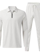 NEWYORKLISTED ATLAS MEN'S COLLECTION: White long-sleeve shirt and pants set on a white background