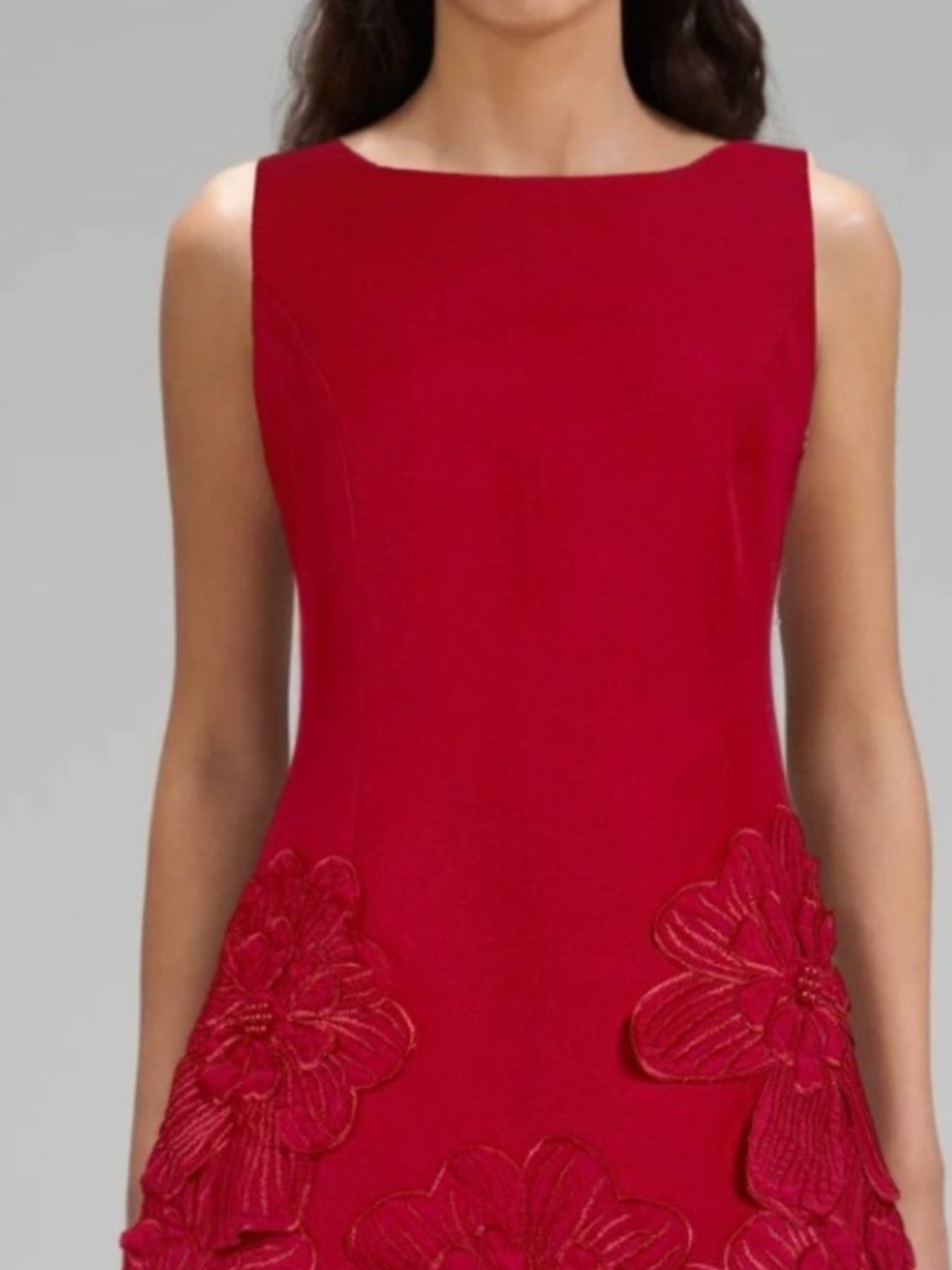 NEWYORKLISTED STYLE COLLECTION: Red dress with floral embellishments on a gray background