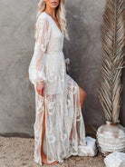 NEWYORKLISTED STYLE COLLECTION: Woman wearing a white lace dress with long sleeves against a neutral background