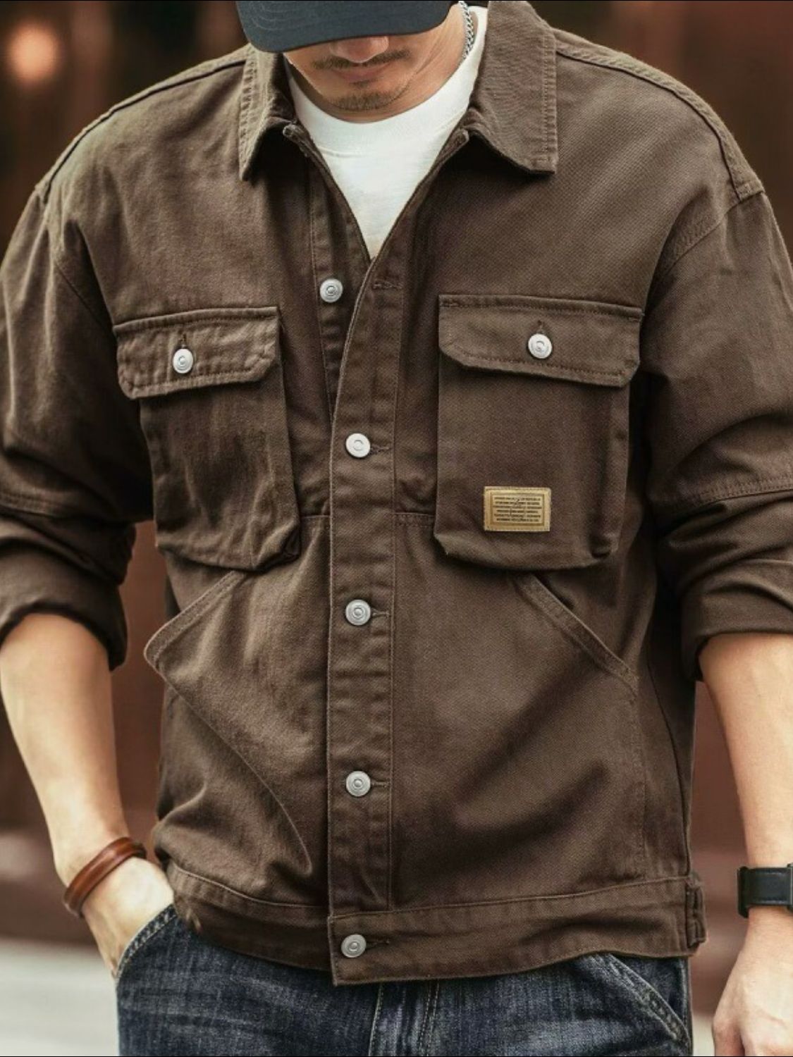 NEWYORKLISTED ATLAS MEN'S COLLECTION: Men's Washed Collared Neck Cargo Jacket in Coffee Brown 