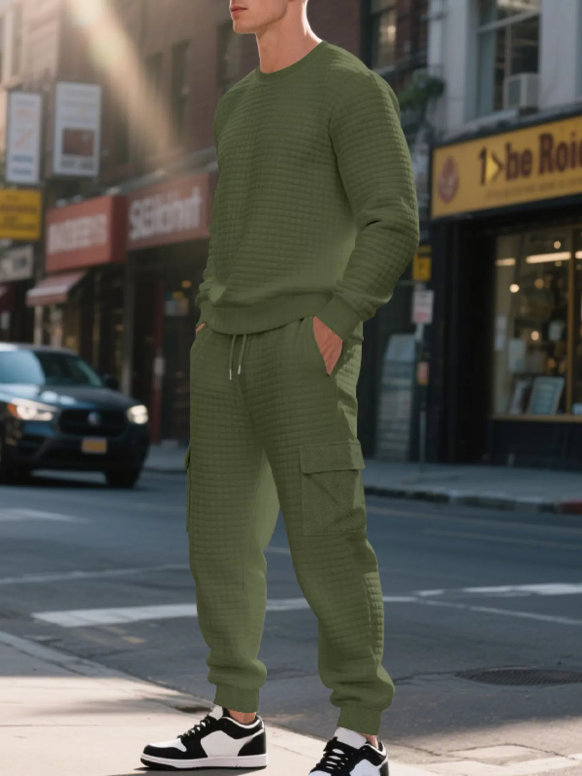 NEWYORKLISTED ATLAS MEN'S COLLECTION: A man wearing a matching olive green textured knit sweatshirt and jogger pants set, standing on a city street with storefronts and a car in the background.