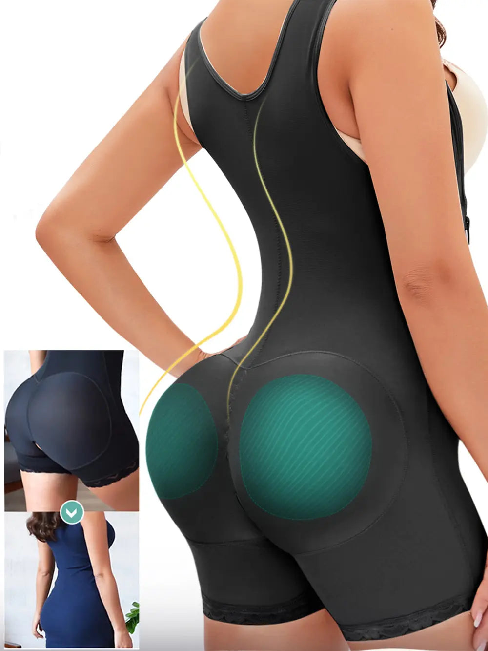 NEWYORKLISTED Intimate Apparel: Black shapewear with teal accent on a model, inset showing side view.