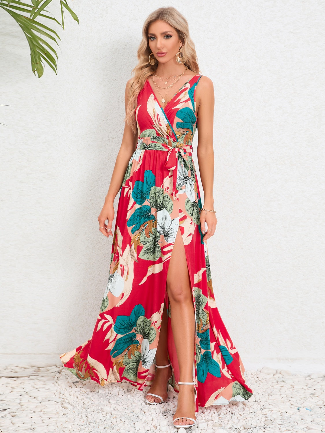 Slit Tied Printed Surplice Dress - NEWYORKLISTED