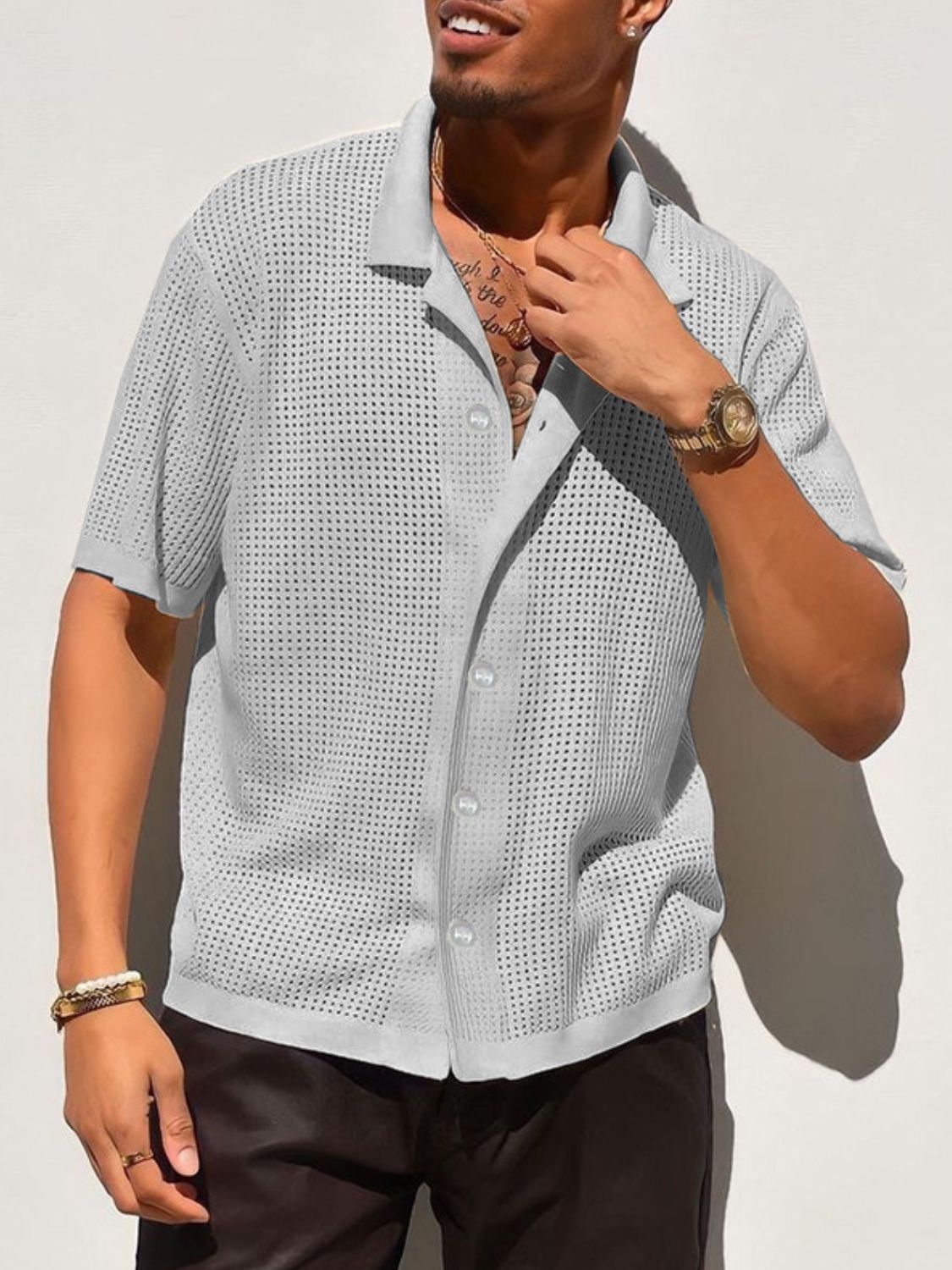 NEWYORKLISTED ATLAS MEN’S COLLECTION: Men’s Full Size Openwork Button Down Collared Neck Shirt – Breezy Sophistication for Every Size in Gray 