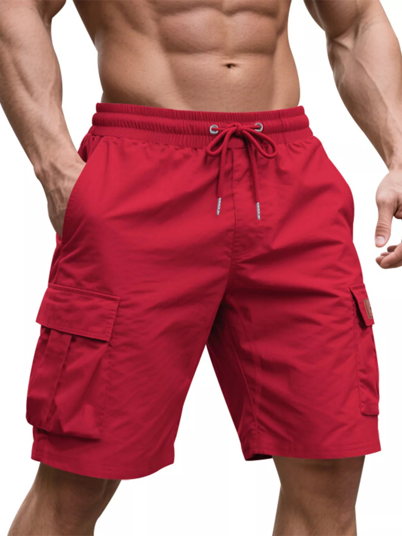 NEWYORKLISTED ATLAS MEN'S COLLECTION: Red cargo shorts worn by a person on a white background