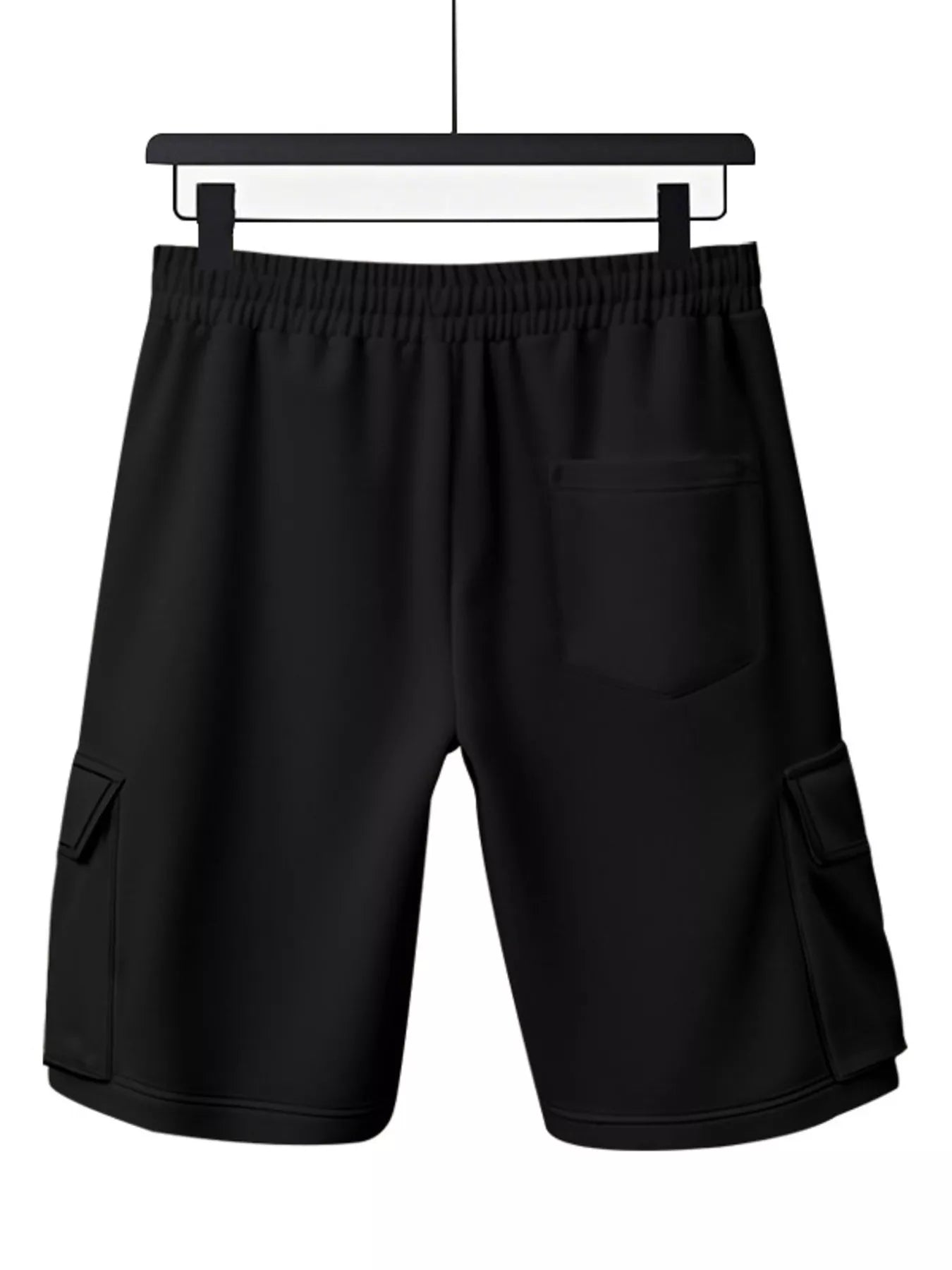 NEWYORKLISTED ATLAS MEN'S COLLECTION: Black shorts on a hanger against a white background