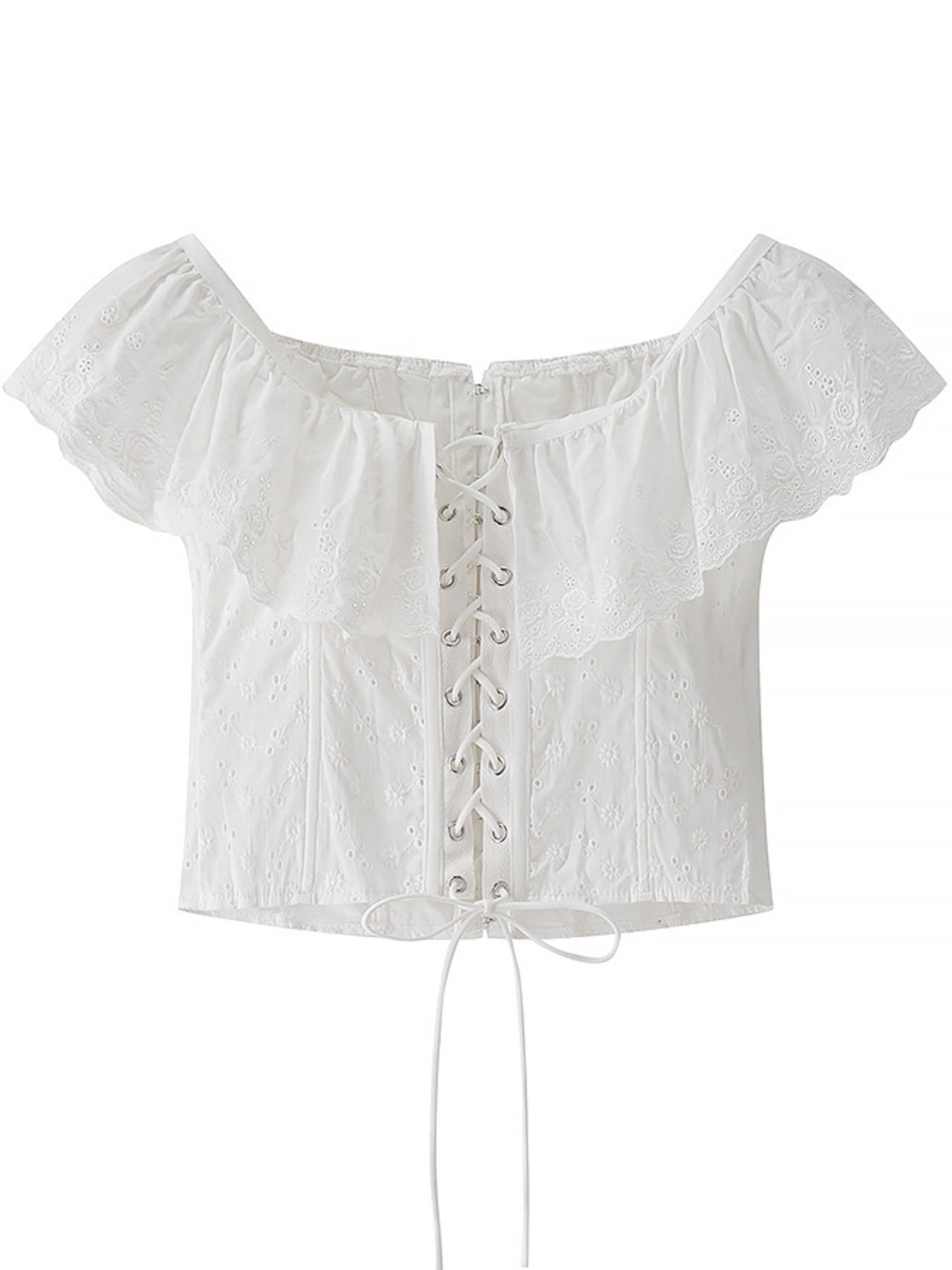 NEWYORKLISTED STYLE COLLECTION: White off-shoulder top with lace-up front on a white background