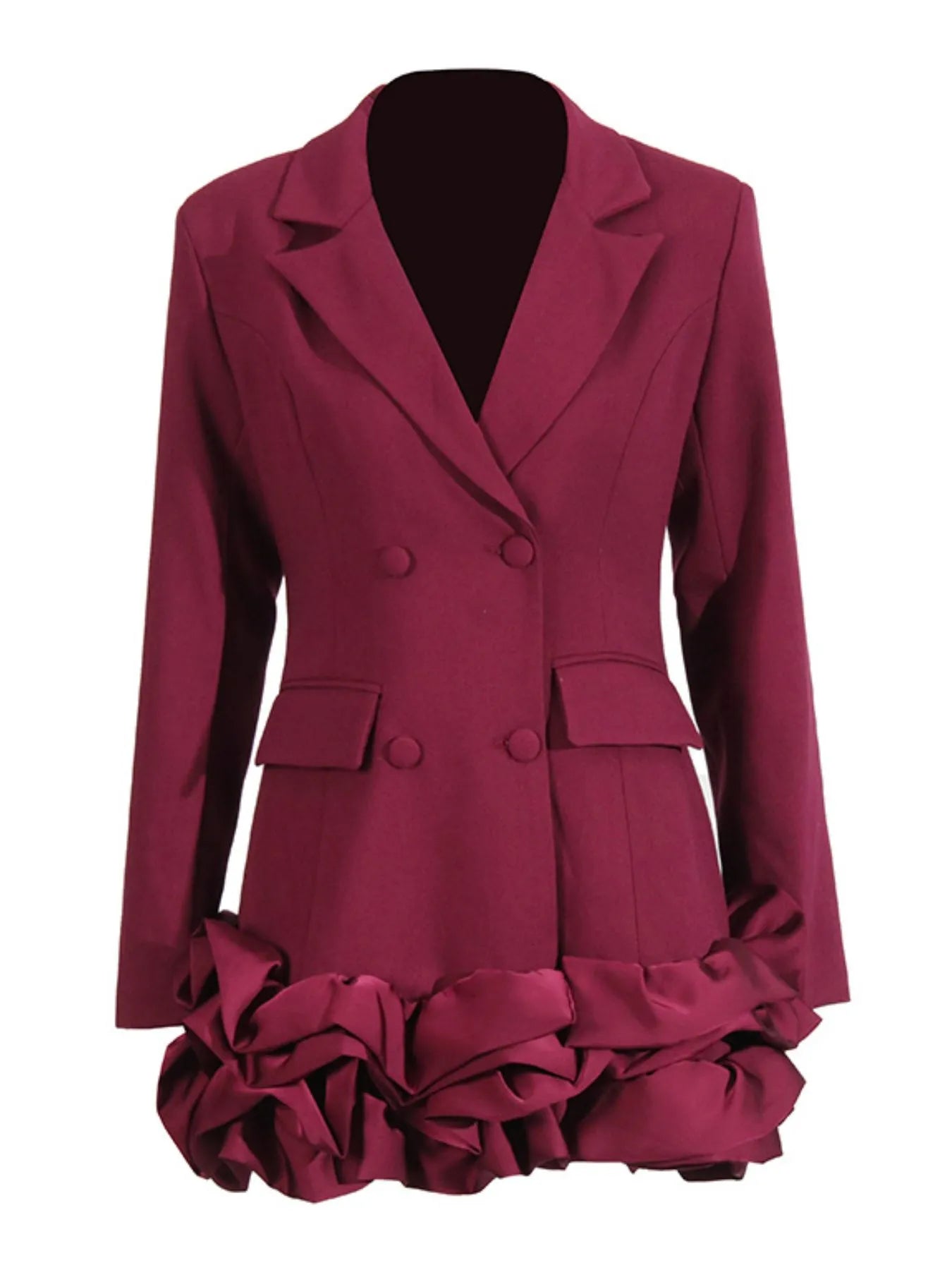 NEWYORKLISTED Runway Style: Maroon blazer with ruffled skirt on a white background