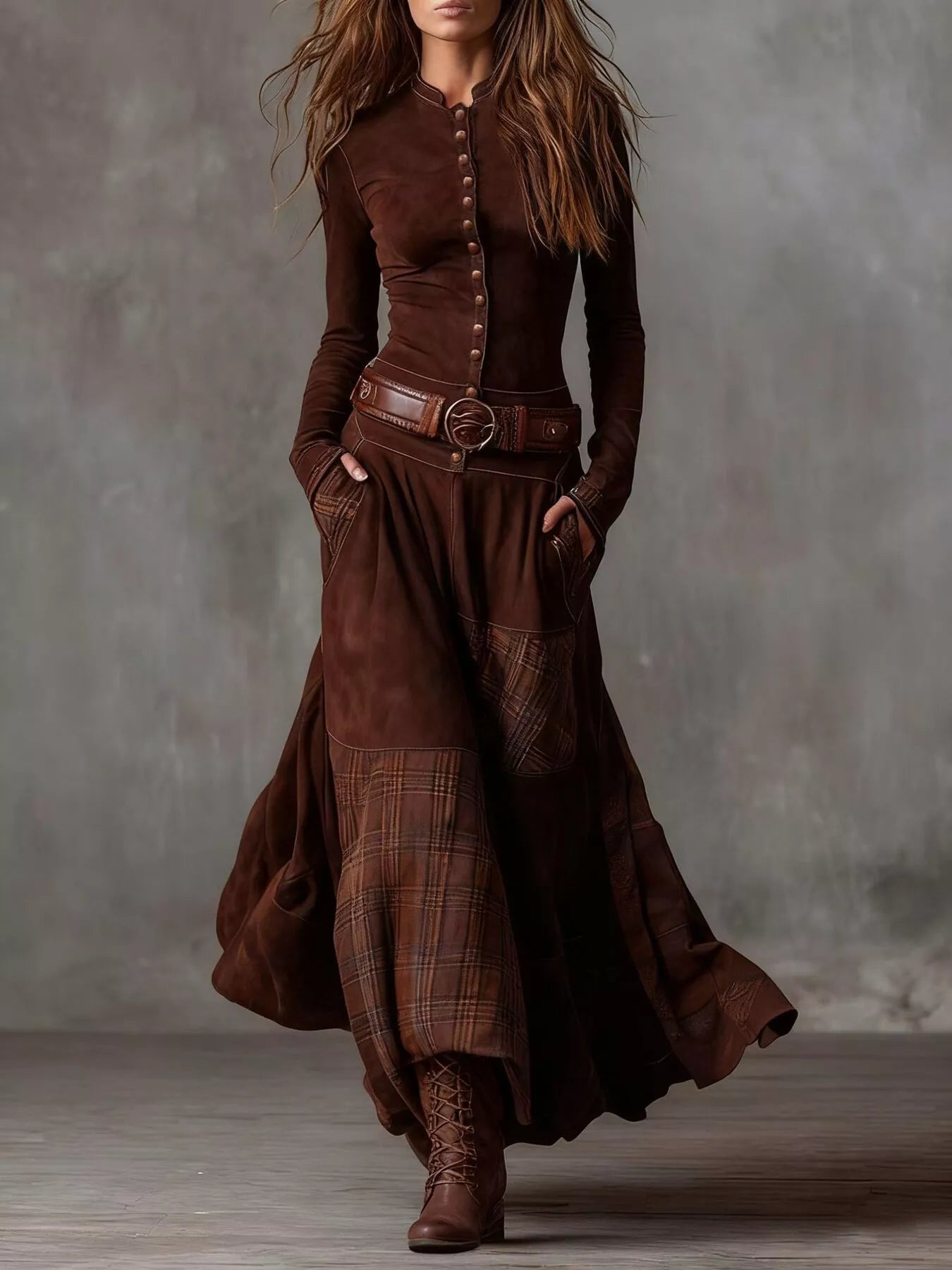 NEWYORKLISTED Style Collection: Woman wearing a long brown dress with a belt against a gray background