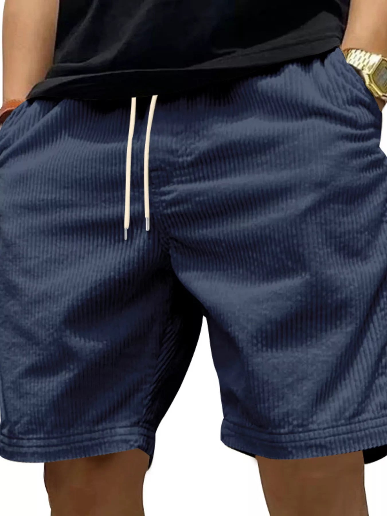 NEWYORKLISTED ATLAS MEN'S COLLECTION: Navy blue shorts with white drawstring on a plain background