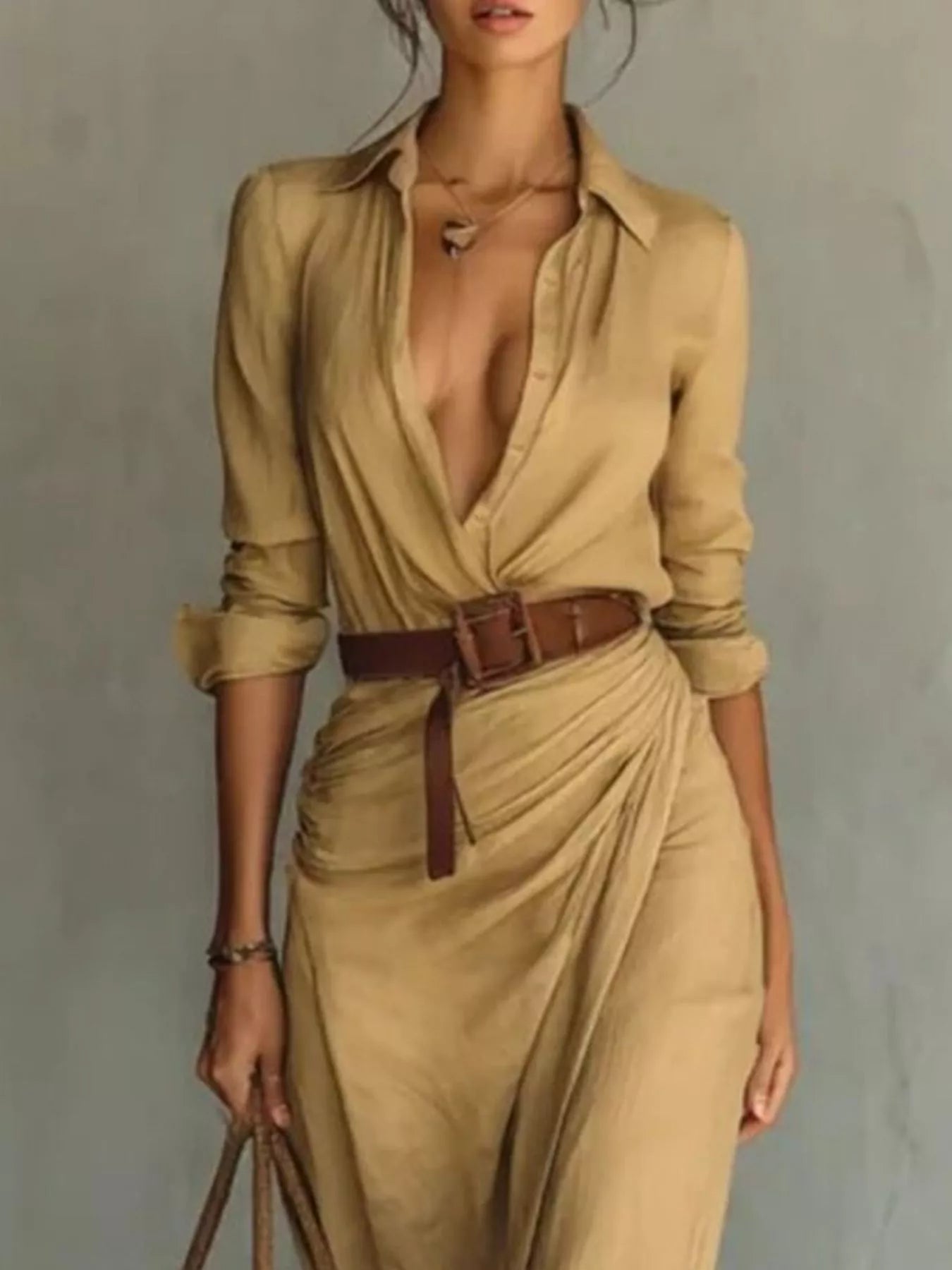 Ruched long sleeve maxi dress in tan NEWYORKLISTED STYLE COLLECTION