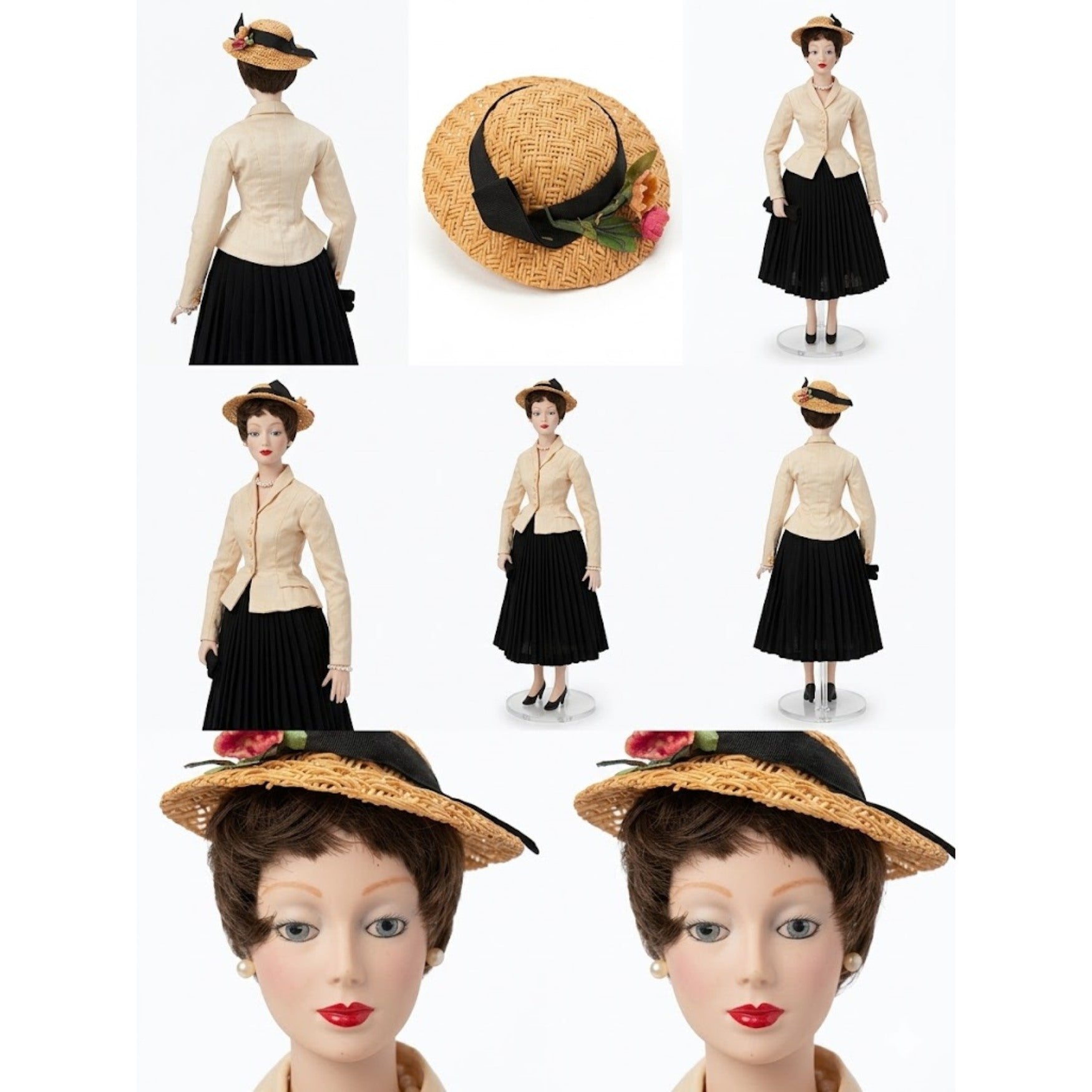 Vintage Dior fashion doll with authentic 1940s boater hat and pearl accessories by NEWYORKLISTED UNIQUE FINDS COLLECTION