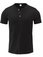 NEWYORKLISTED ATLAS MEN'S COLLECTION: Black short-sleeve henley shirt on a white background