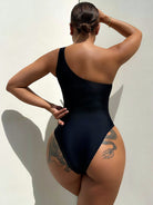 NEWYORKLISTED Eden Collection: One-Shoulder Sleeveless One-Piece Swimsuit Person wearing a black swimsuit against a neutral background