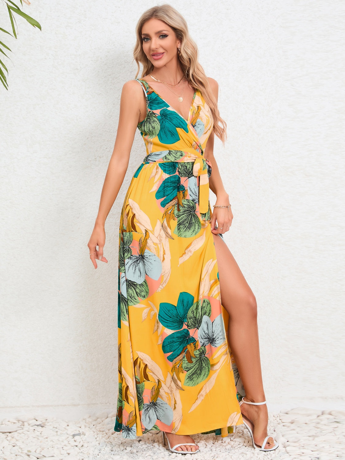 Slit Tied Printed Surplice Dress - NEWYORKLISTED