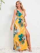 Slit Tied Printed Surplice Dress - NEWYORKLISTED