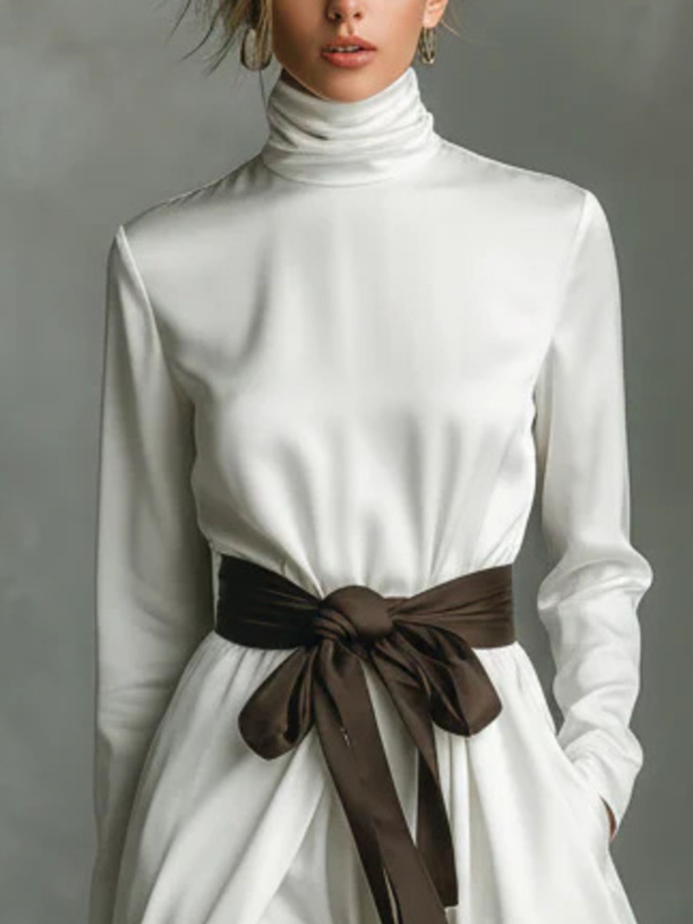NEWYORKLISTED STYLE COLLECTION: White turtleneck dress with a brown belt against a gray background