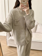 NEWYORKLISTED STYLE COLLECTION: Pocketed Round Neck Button Up Cardigan and Pants Sweater Set - NEWYORKLISTED