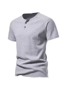 NEWYORKLISTED ATLAS MEN'S COLLECTION: Gray short-sleeve henley shirt on a white background