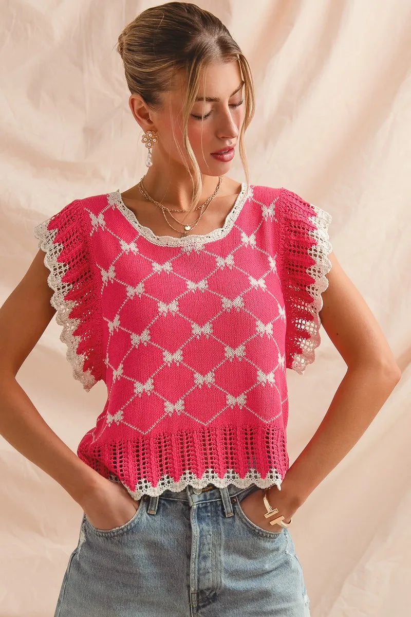 NEWYORKLISTED STYLE COLLECTION: Feminine Bow Knit Sweater Top with Back Keyhole Detail