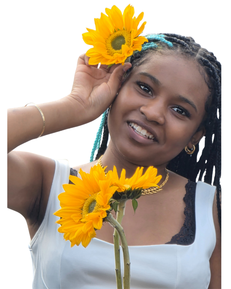 NEWYORKLISTED STYLE COLLECTION: Model holding sunflowers with a white background