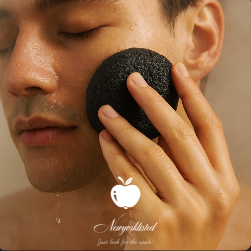 NEWYORKLISTED COSMETIC COLLECTION: Natural Konjac Sponge, person using a black exfoliating sponge on their face in the hower with the 'Neryoklisted' logo.