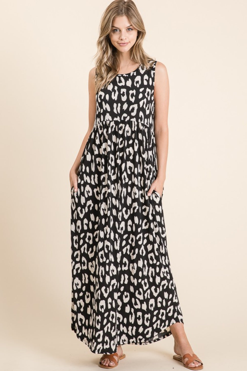 NEWYORKLISTED STYLE COLLECTION: Leopard Print Shirring Waist Maxi Dress with Pockets